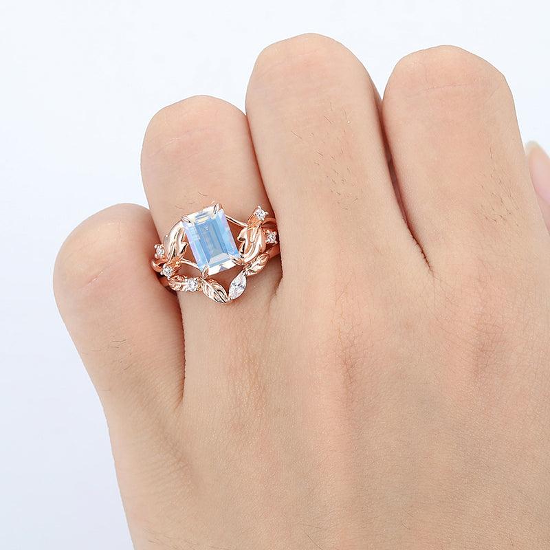 Cluster Emerald Cut 14k Rose Gold Blue Moonstone Art Deco Leaf Band Engagement Ring Set - Esdomera