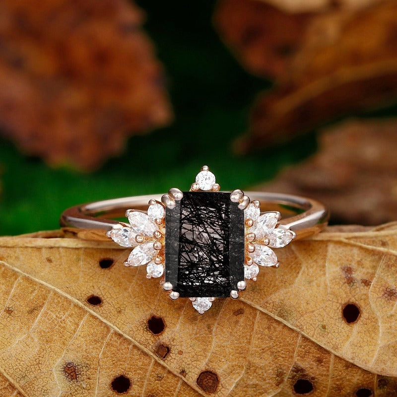 Cluster Halo Emerald Cut Natural Black Rutilated Quartz Wedding Promise Ring - Esdomera