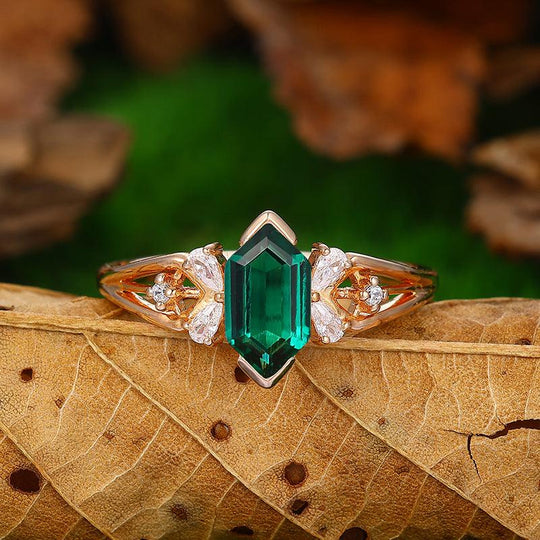 Cluster Hexagon Shaped Emerald Promise Sliver May Birthstone Ring - Esdomera