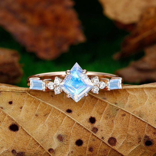 Cluster Kite Shaped 14k Rose Gold Moonstone Engagement Ring 2 Emerald Diamond - Esdomera