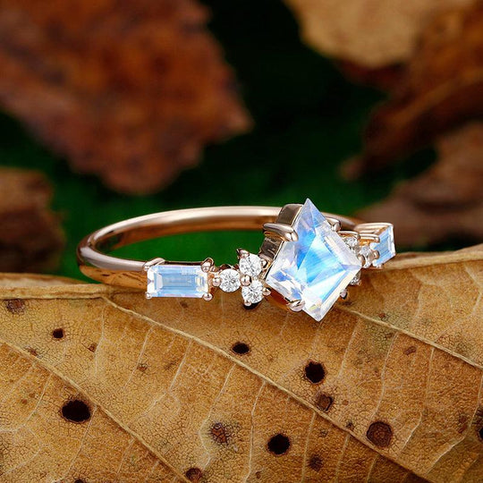 Cluster Kite Shaped 14k Rose Gold Moonstone Engagement Ring 2 Emerald Diamond - Esdomera