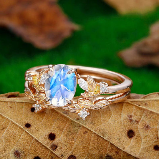 Cluster Marquise Leaf Diamond 18k Rose Gold Oval Shaped Blue Moonstone Engagement Ring Set - Esdomera