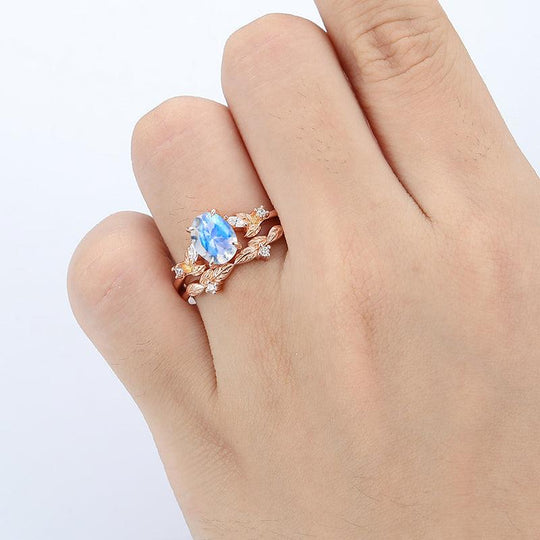 Cluster Marquise Leaf Diamond 18k Rose Gold Oval Shaped Blue Moonstone Engagement Ring Set - Esdomera
