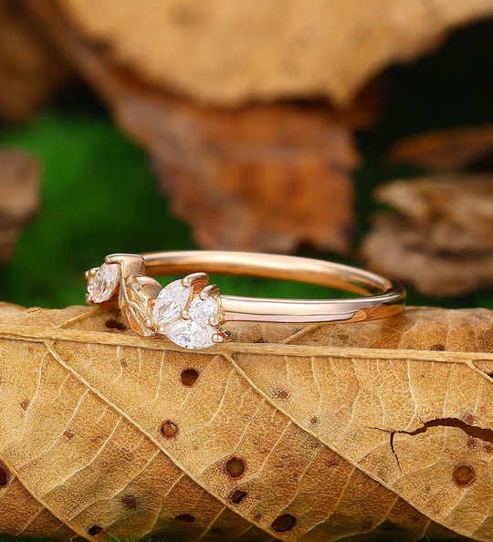Cluster Moissanite Ring For Her Vintage Rose Gold Wedding Band - Esdomera