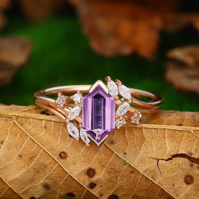 Cluster Natural Amethyst Ring Rose Gold Split Shank Marquise Leaf Design - Esdomera
