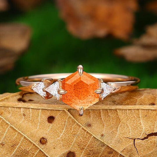 Cluster Natural Orange Sunstone 18k Rose Gold Half Eternity Bridal Eengagement Ring