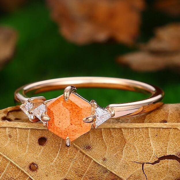 Cluster Natural Orange Sunstone 18k Rose Gold Half Eternity Bridal Eengagement Ring