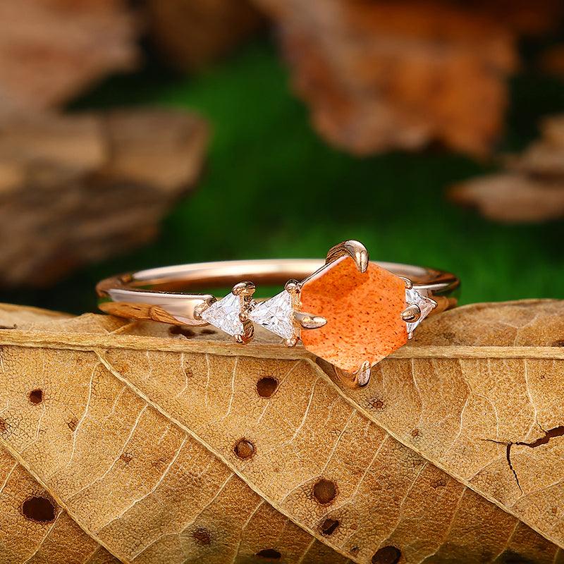 Cluster Natural Orange Sunstone 18k Rose Gold Half Eternity Bridal Eengagement Ring - Esdomera