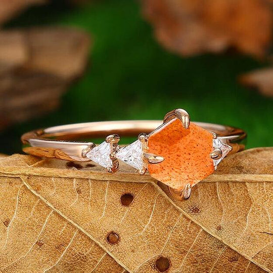 Cluster Natural Orange Sunstone 18k Rose Gold Half Eternity Bridal Eengagement Ring