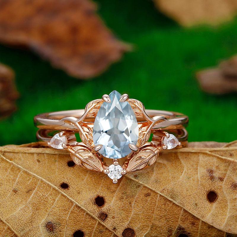 Cluster Pear Cut Nature Leaf Twist Vines Aqumarine Bridal Ring Set - Esdomera