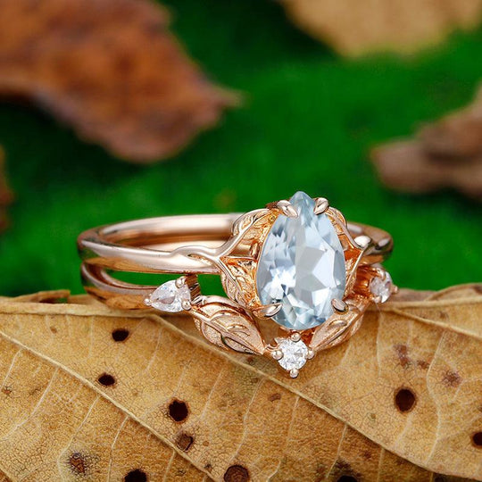 Cluster Pear Cut Nature Leaf Twist Vines Aqumarine Bridal Ring Set - Esdomera