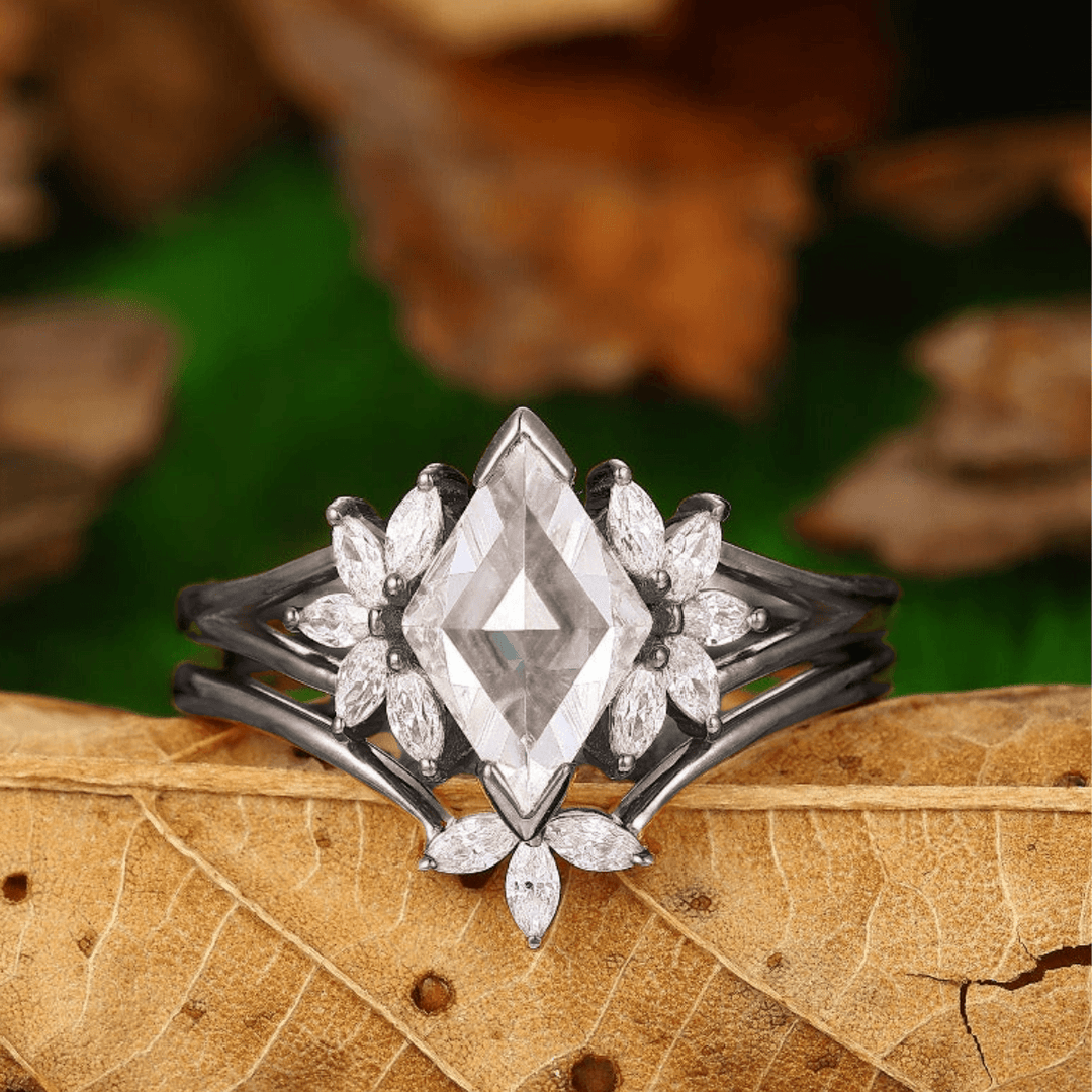 Cluster Rhombus Rose Cut, 2CT Moissanite Wedding Ring Art Deco Bridal Set - Esdomera