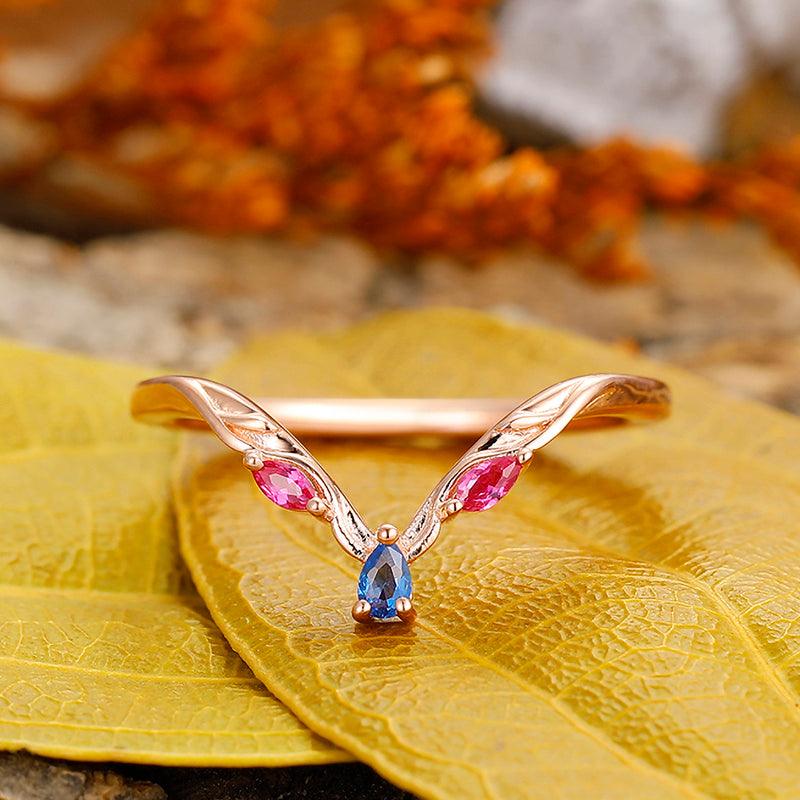 Cluster V shaped leaf curved 925 Sterling Silver sapphire and ruby Moissanite matching wedding band - Esdomera