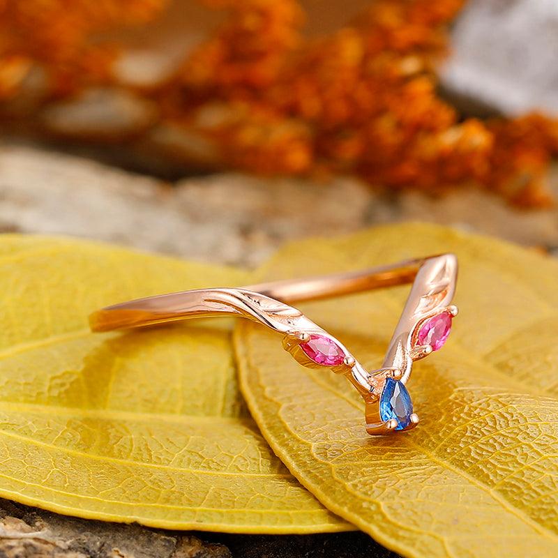 Cluster V shaped leaf curved 925 Sterling Silver sapphire and ruby Moissanite matching wedding band - Esdomera