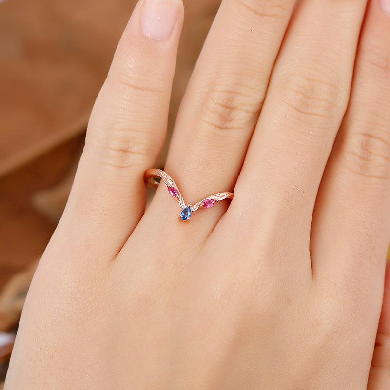 Cluster V shaped leaf curved 925 Sterling Silver synthetic sapphire and ruby Moissanite matching wedding band - Esdomera