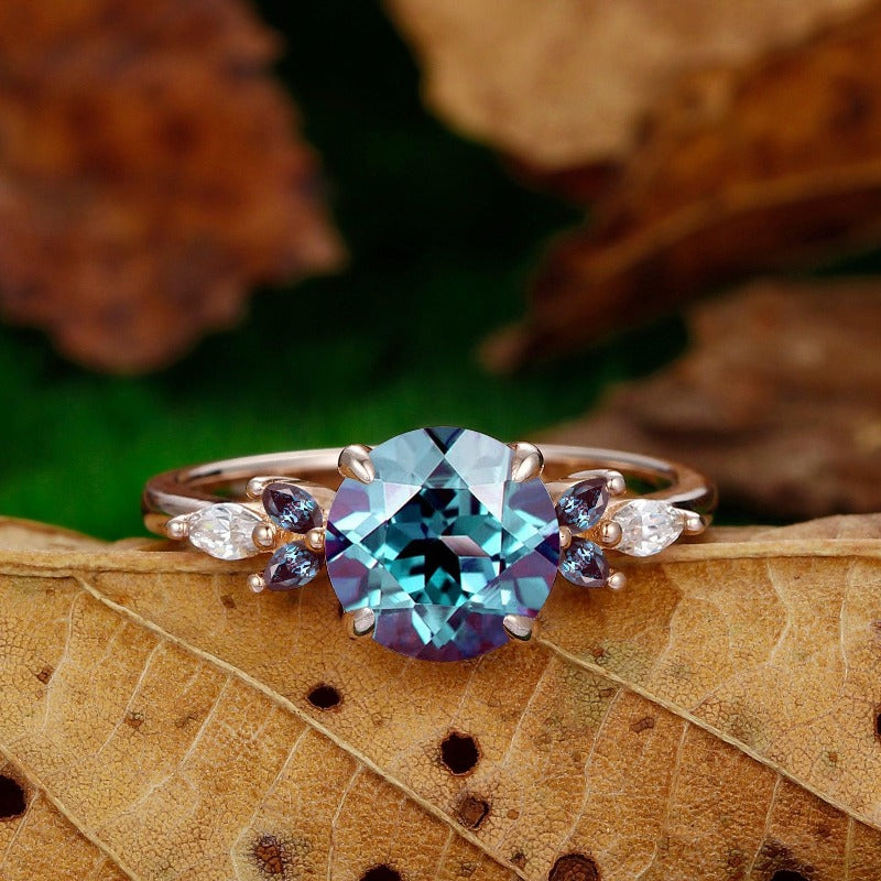 Color Change Alexandrite Ring Vintage Round Cut Rose Gold Moissanite Stacking Ring - Esdomera