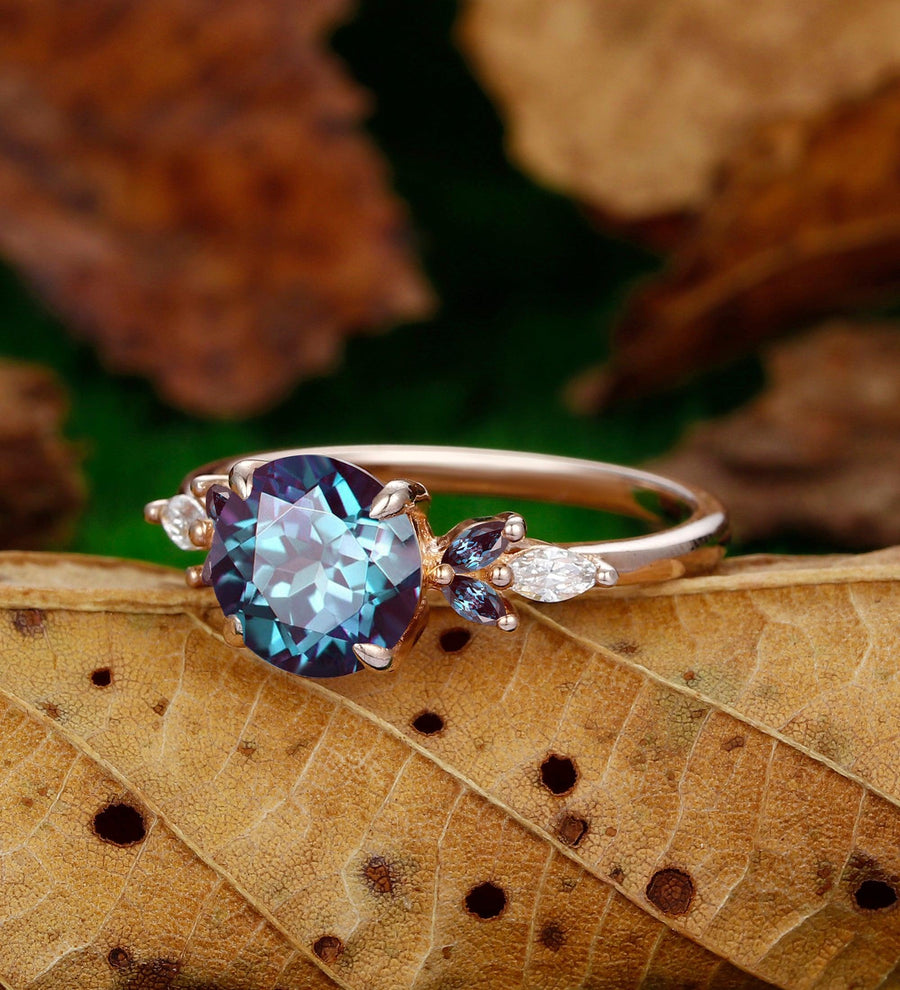 Color Change Alexandrite Ring Vintage Round Cut Rose Gold Moissanite Stacking Ring - Esdomera