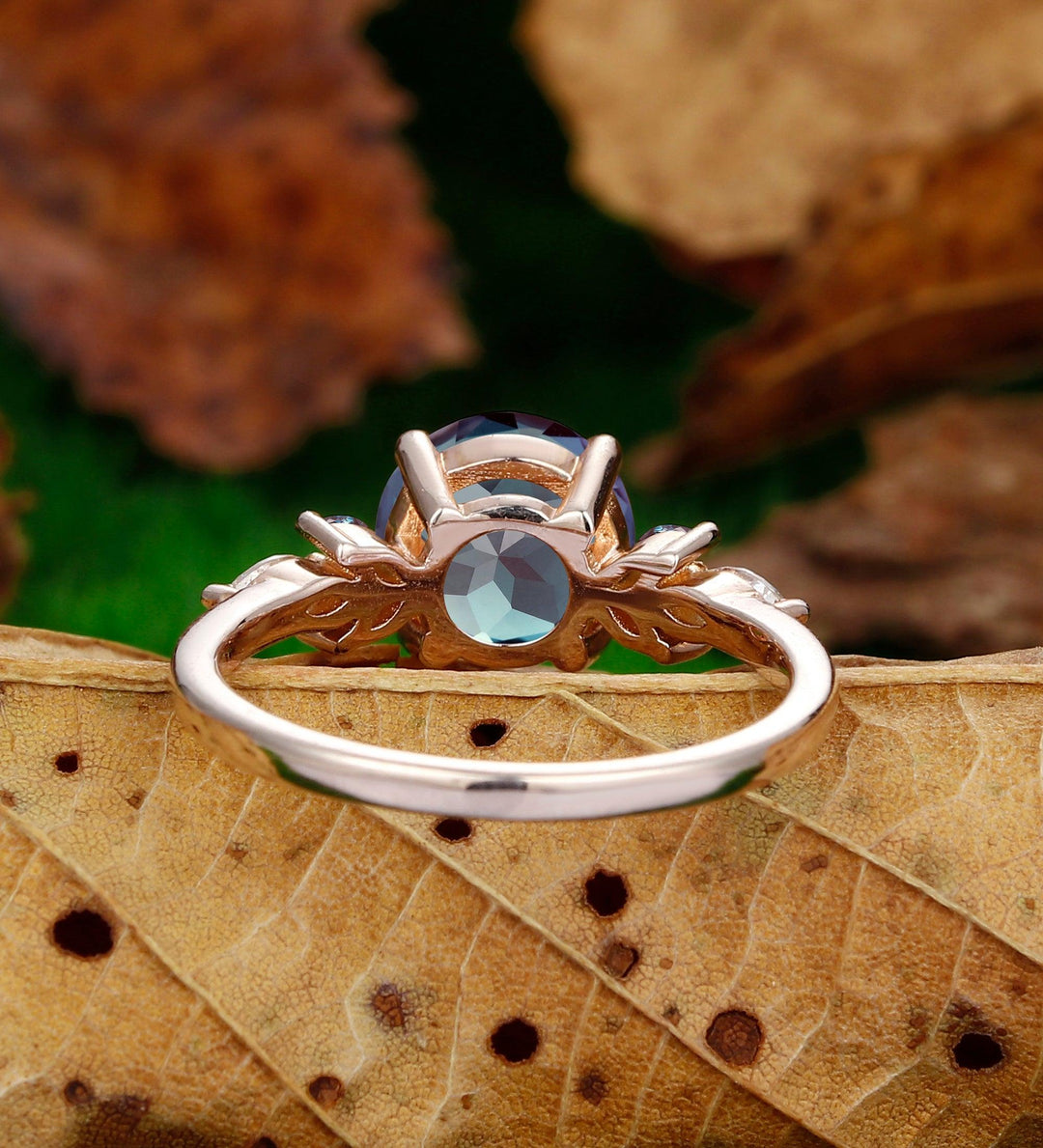Color Change Alexandrite Ring Vintage Round Cut Rose Gold Moissanite Stacking Ring - Esdomera