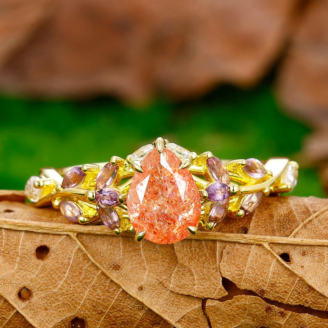 Colorful 1.3CT Pear Cut Sunstone Engagement Ring Amethyst Moissanite Inlay Leaf Ring - Esdomera