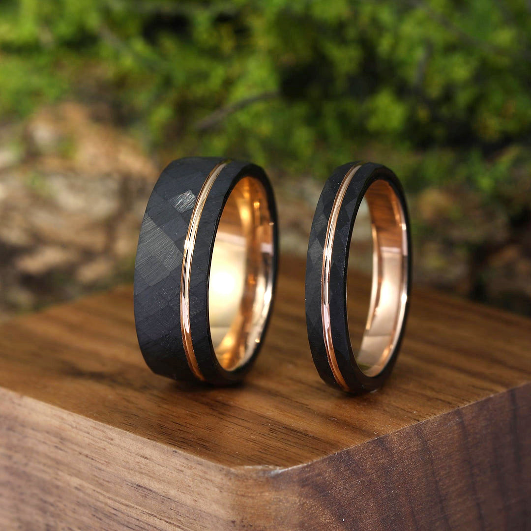 Simple 8mm/4mm Black Grooved Rhombic Rose Gold Tungsten His and Hers bridal sets