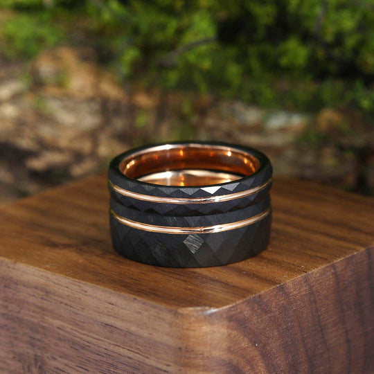 Simple 8mm/4mm Black Grooved Rhombic Rose Gold Tungsten His and Hers bridal sets