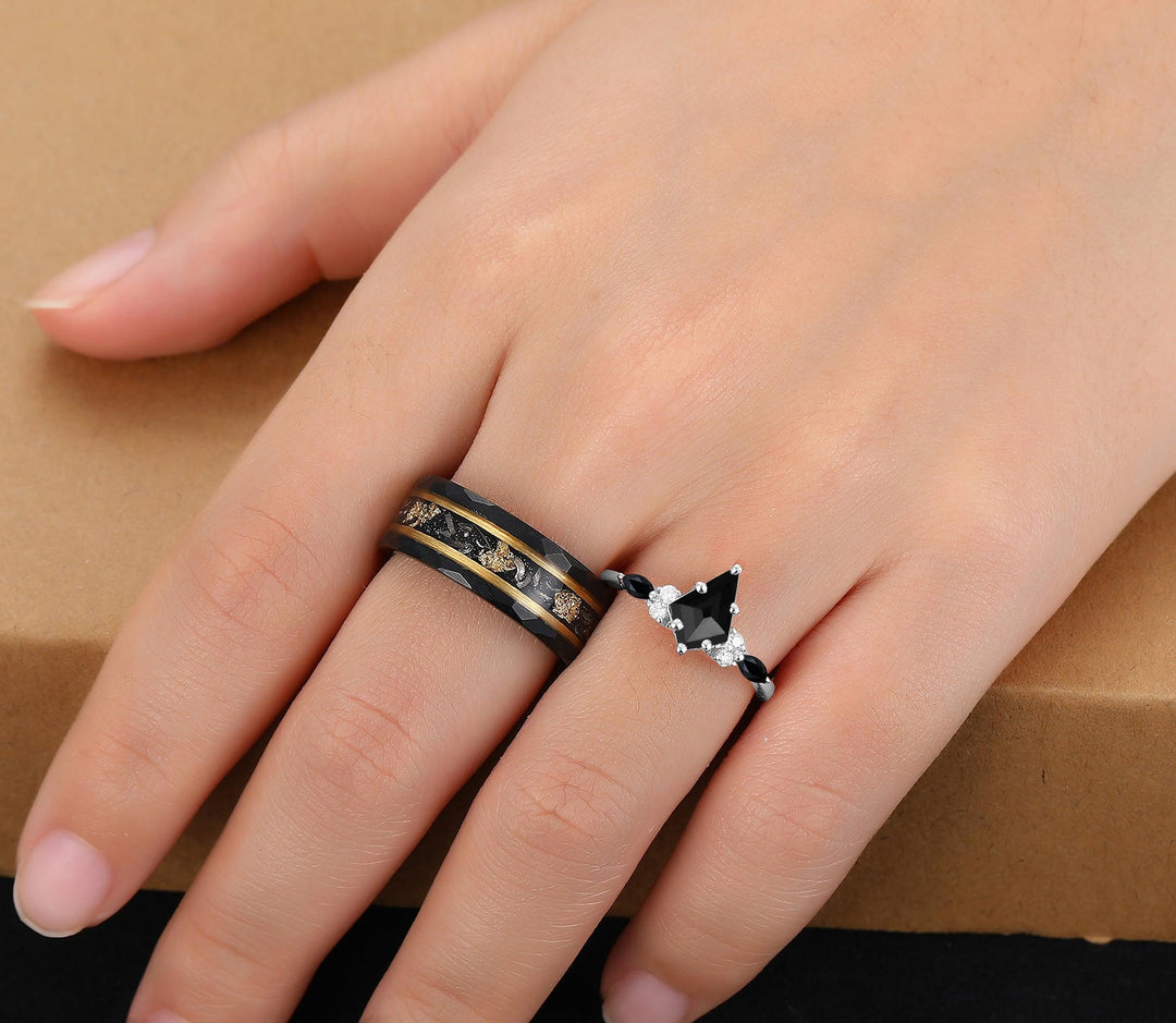 Couples Black Meteorite Rings His and Hers Black Onyx Gemstone Diamond Wedding Couples Ring Set - Esdomera