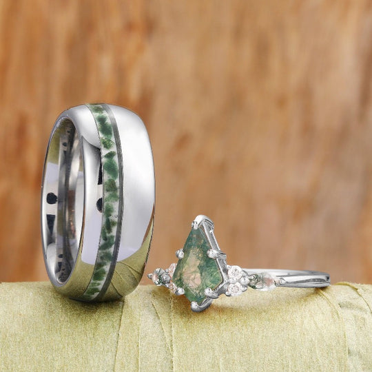 Couples Ring Set His and Hers Tungsten Men's Vermeil Unique Matching Hers Kite Green Moss Agate Wedding Ring - Esdomera