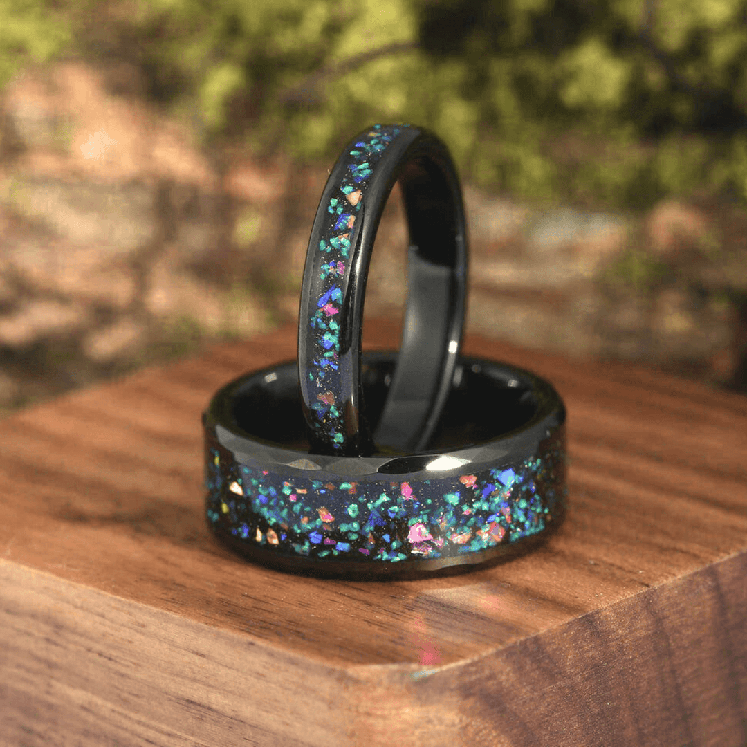 Crab Nebula Ring Set His and Her Tungsten Wedding Band Silver Ring Set Outer Space Ring - Esdomera