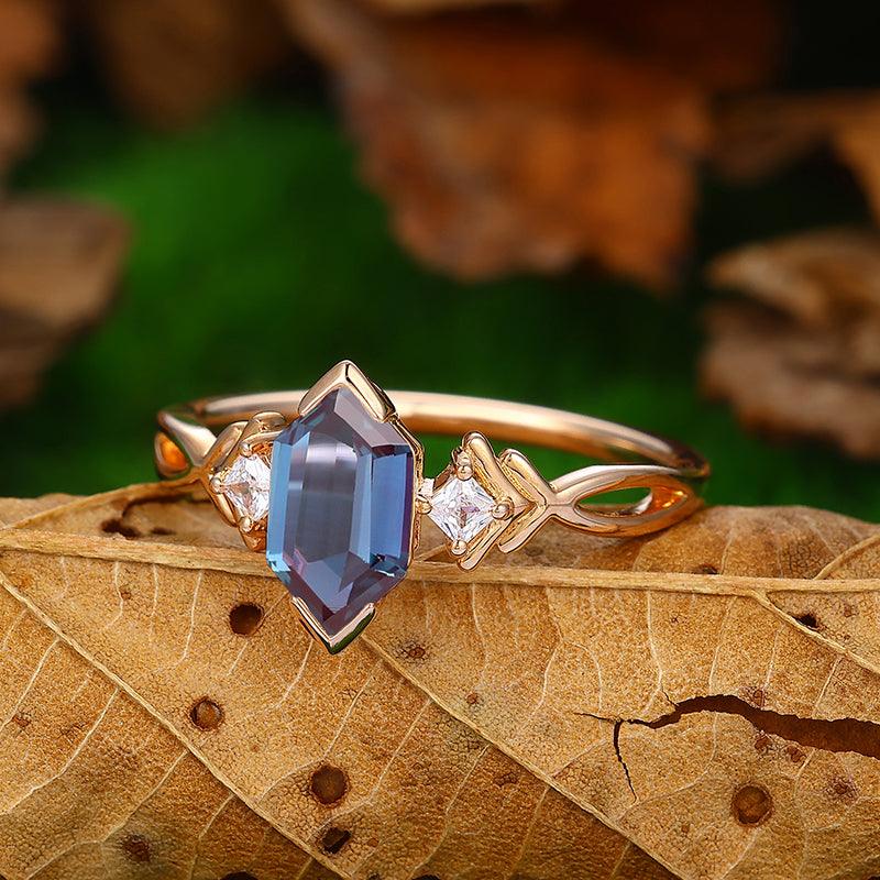 Cross Shank Half Eternity Natural Alexandrite 14k Rose Gold Bridal Anniversary Ring - Esdomera