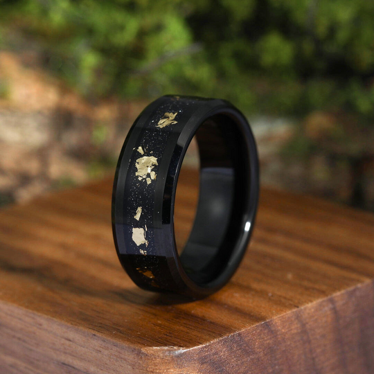 Crushed 18K Gold Leaf Man Black Tungsten Wedding Ring 8mm Polished Anniversary Promise Inlay Ring - Esdomera