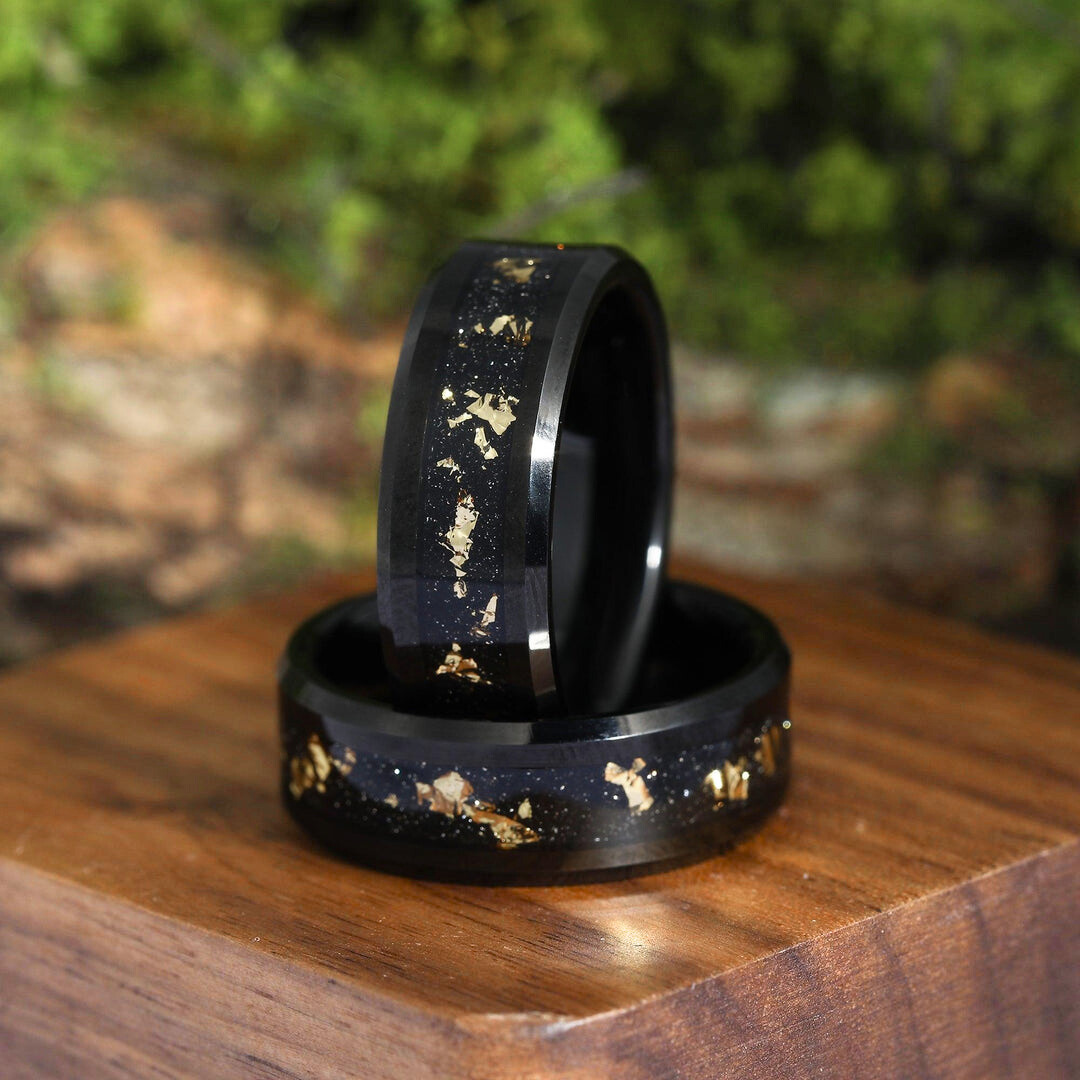 Crushed 18K Gold Leaf Man Black Tungsten Wedding Ring 8mm Polished Anniversary Promise Inlay Ring - Esdomera