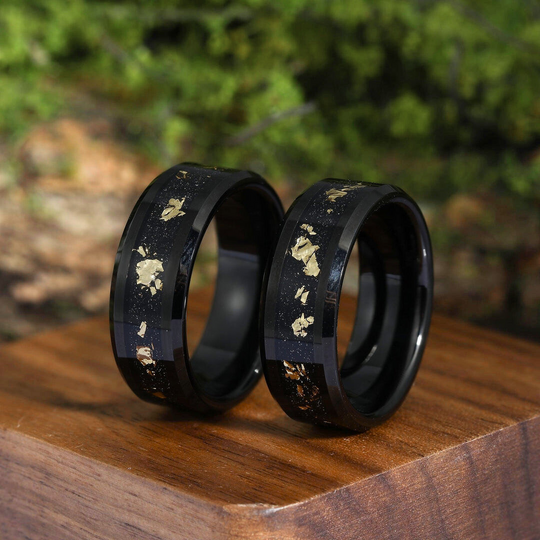 Crushed 18K Gold Leaf Man Black Tungsten Wedding Ring 8mm Polished Anniversary Promise Inlay Ring - Esdomera