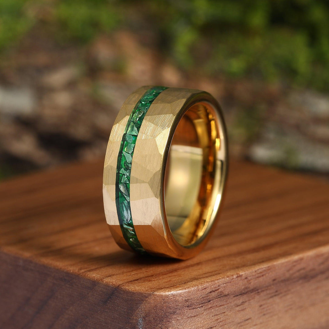 Crushed Emerald Gold 8mm Tungsten Men's Emerald Wedding Band Green Emerald Tungsten Hammered Brushed Flat Ring - Esdomera