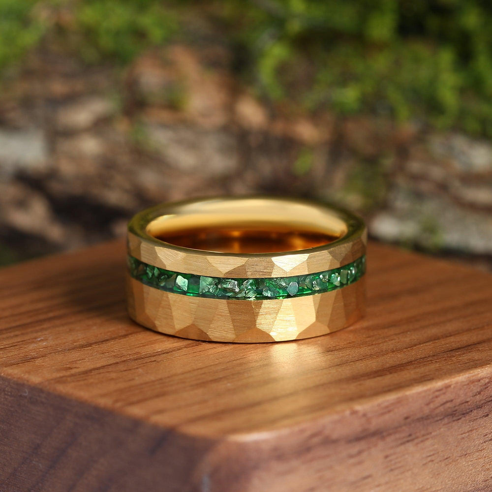 Crushed Emerald Gold 8mm Tungsten Men's Emerald Wedding Band Green Emerald Tungsten Hammered Brushed Flat Ring - Esdomera