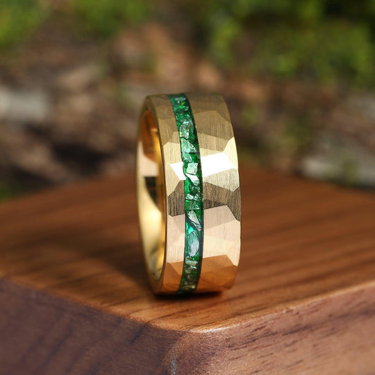 Crushed Emerald Gold 8mm Tungsten Men's Emerald Wedding Band Green Emerald Tungsten Hammered Brushed Flat Ring - Esdomera