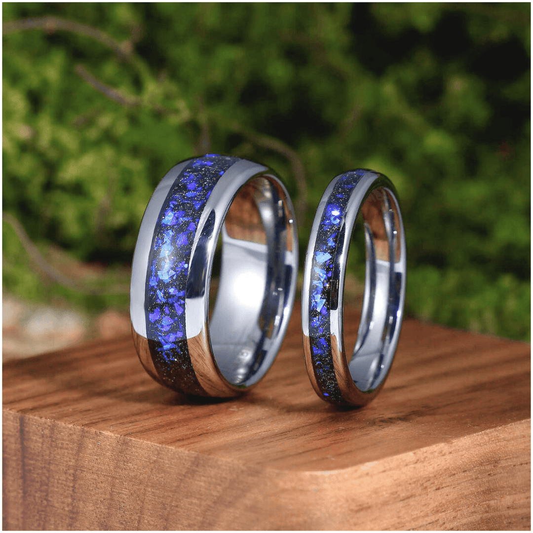 Crushed Galaxy Sandstone Tungsten Matching Promise Rings His and Hers Tungsten Wedding Band Unsex Couple Ring Set - Esdomera