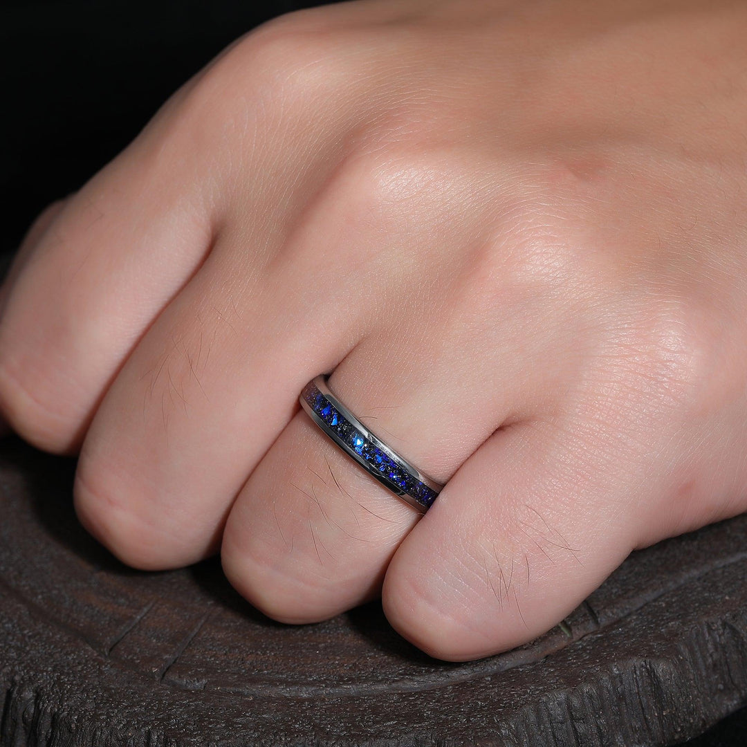 Crushed Galaxy Sandstone Tungsten Matching Promise Rings His and