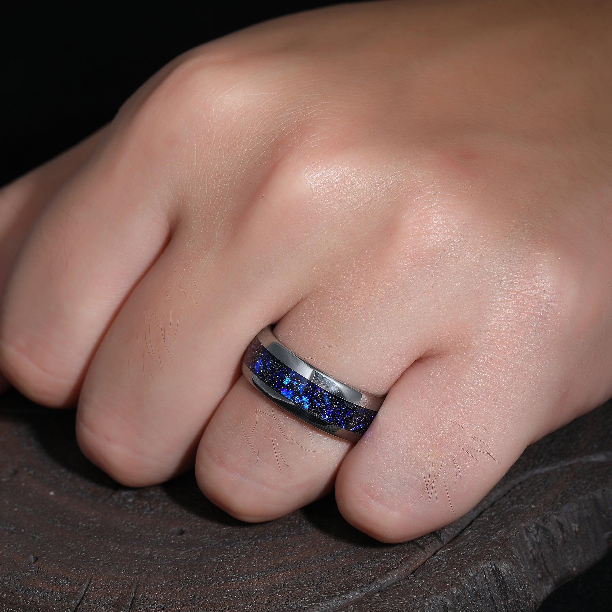 Crushed Galaxy Sandstone Tungsten Matching Promise Rings His and