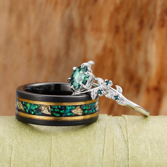 Crushed Green Fire Opal Gold Leaf Skye Moss Agate Couples Ring Set Black Tungsten and Hexagon Sliver Band - Esdomera