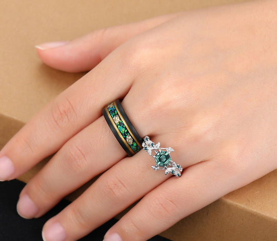 Crushed Green Fire Opal Gold Leaf Skye Moss Agate Couples Ring Set Black Tungsten and Hexagon Sliver Band - Esdomera