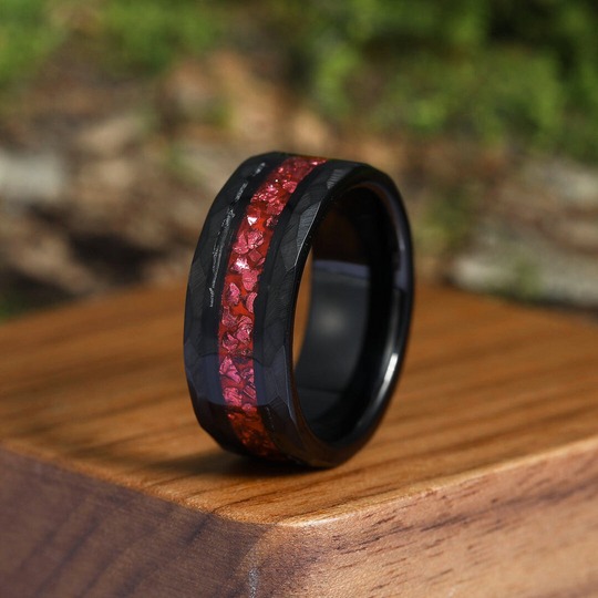 Crushed Red Ruby Black Men's Tungsten Wedding Band 8mm Hammered Ring Unique Promise Ring For Him - Esdomera