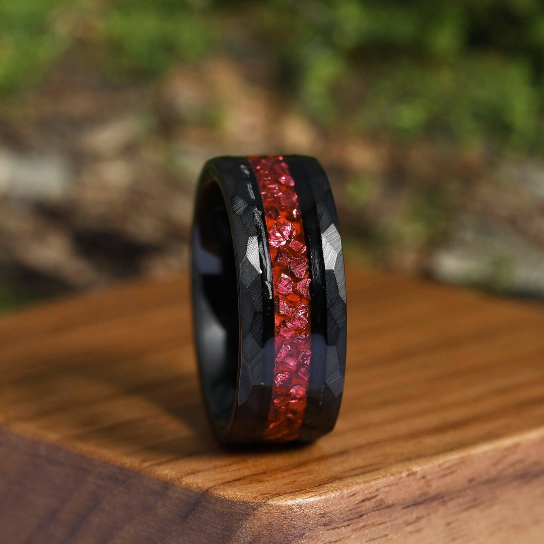 Black Wedding Bands, 8mm, Red Ruby Band, Mens high quality Wedding Bands, Tungsten Wedding Bands, his Anniversary Rings Brushed Black Tungsten Ring