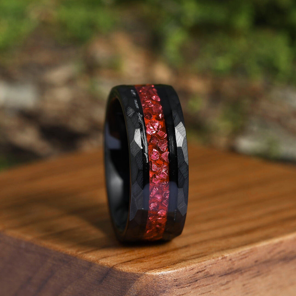 Crushed Red Ruby Black Men's Tungsten Wedding Band 8mm Hammered Ring Unique Promise Ring For Him - Esdomera