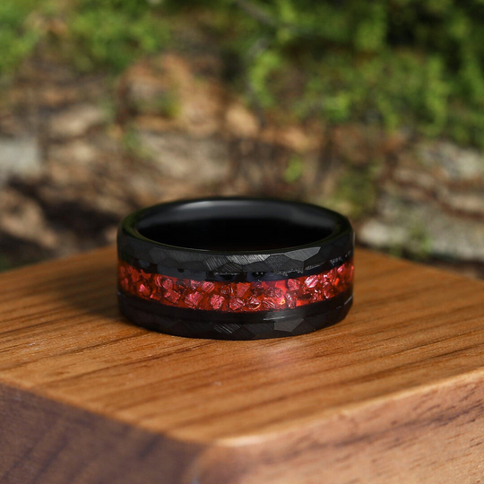 Crushed Red Ruby Black Men's Tungsten Wedding Band 8mm Hammered Ring Unique Promise Ring For Him - Esdomera