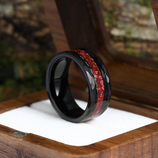 Crushed Red Ruby Black Men's Tungsten Wedding Band 8mm Hammered Ring Unique Promise Ring For Him - Esdomera