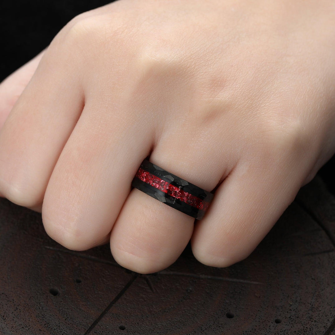 Crushed Red Ruby Black Men's Tungsten Wedding Band 8mm Hammered Ring Unique Promise Ring For Him - Esdomera