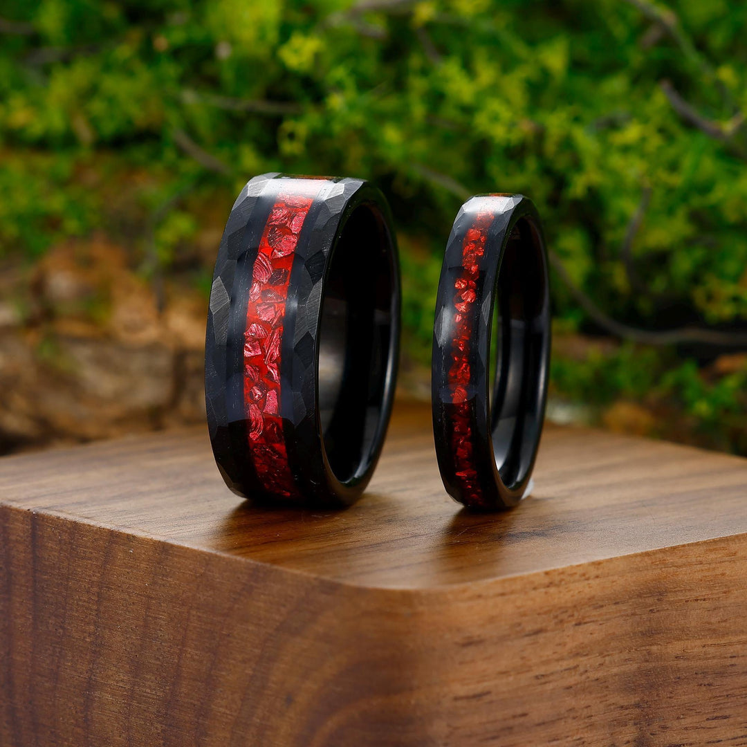 Crushed Red Ruby Tungsten Wedding Band Hammer Promise Couples Ring Set - Esdomera