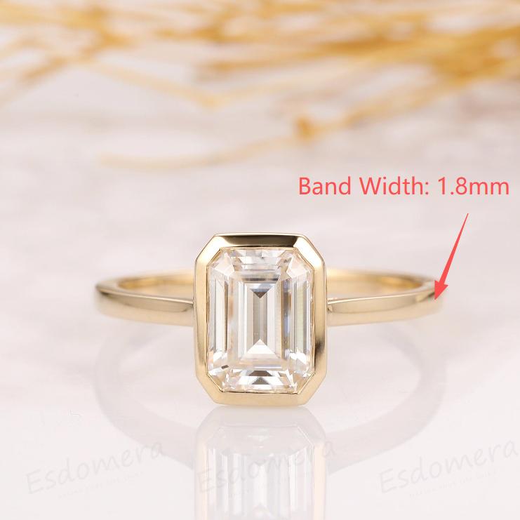 Custom Order-2CT Emerald Cut Moissanite Solitaire Ring 18K Bezel Setting Moissanite Ring