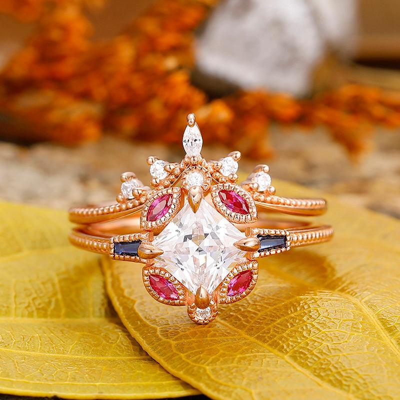 Curshion shaped 925 Sterling Silver marquise ruby moissanite Bridal ring set - Esdomera