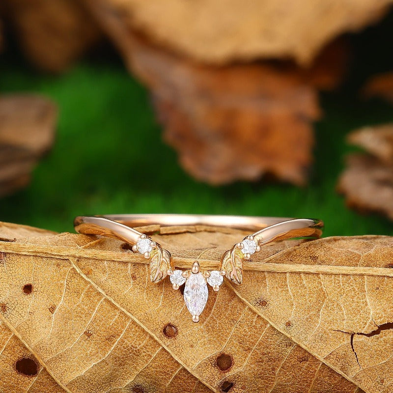 Curved Matching Ring Rose Gold Marquise Moissanite Band - Esdomera